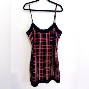 Social Collision Red & Black Plaid Slip Dress Lace Trim Size XL Grunge Punk Chic